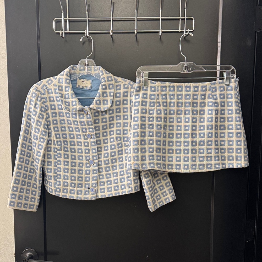 Blue and White Checkered Skirt and Jacket Set